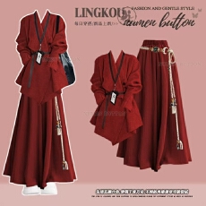 批发<b class='q'>大码</b>秋冬绝美套装女红色圣诞气质小众针织衫搭高腰休闲裙裤两件套