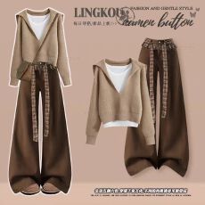 批发<b class='q'>大码</b>秋冬美拉德套装女气质减龄针织毛衣打底上衣复古牛仔裤三件套