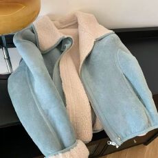 批发韩系高级感浅蓝色翻领加厚保暖短款外套<b class='q'>女装</b>2025冬款皮毛一体上衣