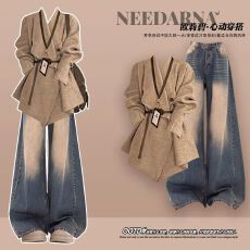 批发巨好看的冬装一整套穿搭高级感毛衣外<b class='q'>套装</b>美拉德韩系<b class='q'>牛仔</b>裤两件套