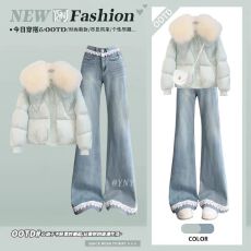 批发法式温柔气质风大毛领浅蓝棉服外套蕾丝拼接<b class='q'>牛仔</b>裤女冬季减龄<b class='q'>套装</b>