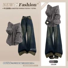 批发巨好看冬季穿搭宽松轻熟风V领针织毛衣豹纹拼接阔腿<b class='q'>牛仔</b>裤<b class='q'>套装</b>