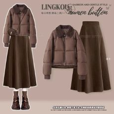 批发大码冬季复古套装女减龄美拉德棉服外套高腰显瘦遮肉半身裙两件套