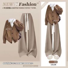 批发冬季大码女<b class='q'>装</b>宽松百搭学院风针织开衫叠穿<b class='q'>衬衫</b>直筒<b class='q'>裤</b>松弛感三件套