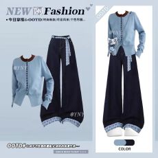 批发冬季大码女装温柔风针织开衫蓝色系带阔腿<b class='q'>牛仔</b>裤减龄气质两件套冬