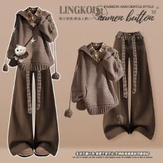 批发大码秋冬美拉德套<b class='q'>装</b>女韩系复古卫衣搭格子<b class='q'>衬衫</b>慵懒风休闲<b class='q'>裤</b>三件套