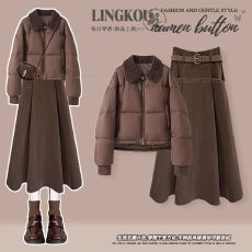 批发大码冬季美拉德套装女洋气复古棉服外套搭高级感显瘦半身裙两件套