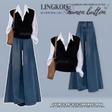 批发大码秋冬轻奢<b class='q'>套装</b>女法式减龄假两件针织衫搭显瘦阔腿<b class='q'>牛仔</b>裤两件套