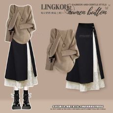 批发<b class='q'>大码</b>秋季气质套装女减龄独特轻奢针织毛衣搭高腰显瘦半身裙两件套