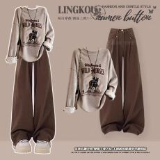 批发大码秋冬减龄<b class='q'>套装</b>女美拉德气质字母针织上衣复古显瘦休闲裤两件套