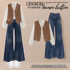 批发大码秋季洋气<b class='q'>套装</b>女高级感减龄马甲打底衬衫显瘦微喇<b class='q'>牛仔</b>裤三件套