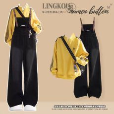 批发大码秋季学院风<b class='q'>套装</b>女韩式休闲加绒卫衣显瘦复古<b class='q'>牛仔</b>背带裤两件套