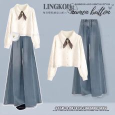 批发大码秋冬轻奢<b class='q'>套装</b>女温柔软糯洋气针织毛衣搭显瘦减龄<b class='q'>牛仔</b>裤两件套