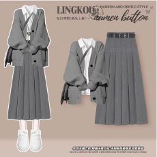 批发大码秋冬<b class='q'>学院风</b>套装女高级感针织开衫内搭韩系慵懒风半身裙三件套