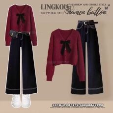 批发大码秋冬休闲<b class='q'>套装</b>女红色蝴蝶结针织开衫搭配阔腿遮肉<b class='q'>牛仔</b>裤两件套