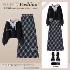 批发韩系慵懒风巨好看的秋冬季学院风连帽假两件<b class='q'>卫衣</b>格纹半身裙套装冬