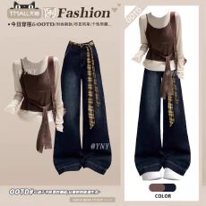 批发韩系学院风一整套穿搭冬季设计感撞色针织衫吊带阔腿<b class='q'>牛仔</b>裤三件套