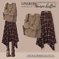 批发大码秋冬休闲套装女减龄撞色百搭针织毛衣不规则格子半身裙两件套