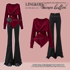 批发大码秋冬法式<b class='q'>套装</b>女气质红色圣诞V领针织毛衣搭微喇<b class='q'>牛仔</b>裤两件套