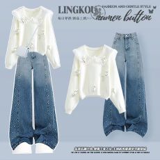 批发大码秋冬韩系<b class='q'>套装</b>女甜美软糯娃娃领针织毛衣显瘦渐变<b class='q'>牛仔</b>裤两件套