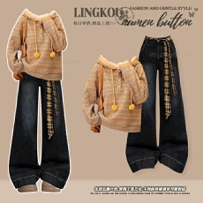 批发大码秋冬气质<b class='q'>套装</b>女撞色条纹针织连帽卫衣搭显瘦复古<b class='q'>牛仔</b>裤两件套