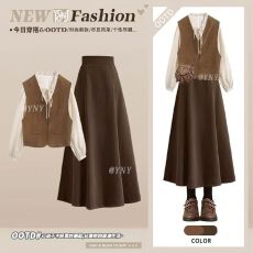 批发冬季巨好看的复古港风穿搭时髦淑女风咖色马甲叠穿衬衫半身裙套装