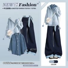 批发学院风针织毛衣格纹拼接<b class='q'>牛仔</b>裤<b class='q'>套装</b>冬季减龄气质松弛感两件套穿搭