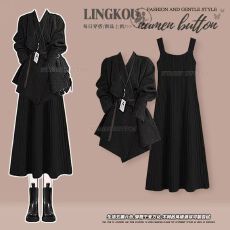 批发大码秋季轻熟风套装女减龄职业通勤针织上衣显瘦吊带连衣裙两件套