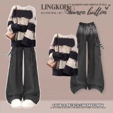 批发<b class='q'>大码</b>秋冬减龄套装女学院风条纹针织毛衣复古遮肉渐变牛仔裤两件套