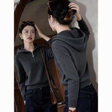 批发高级感灰色连帽毛衣女秋冬休闲风减龄新品时髦洋气<b class='q'>宽松</b>显瘦<b class='q'>针织衫</b>