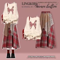 批发<b class='q'>大码</b>秋冬美拉德套装女圣诞红色针织毛衣搭配拼接格子半身裙两件套