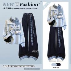 批发慵懒风针织毛衣牛仔裤套装女秋<b class='q'>冬</b>新款圣诞风松弛感ootd穿搭一整套