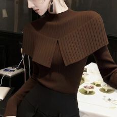 批发秋季巨好看小众设计感上衣韩系独特漂亮修身显瘦咖色披肩针织衫女