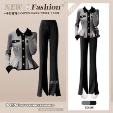 批发<b class='q'>冬</b>季韩系休闲千金风灰色针织开衫毛衣套装女收腰显瘦微喇裤两件套