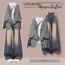 批发秋<b class='q'>冬</b>洋气高级感穿搭一整套韩系毛衣外套内搭衬衣阔腿牛仔裤三件套