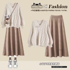 批发慵懒风宽松麻花软糯毛衣中长款半身裙两件套装<b class='q'>冬</b>季复古针织设计感