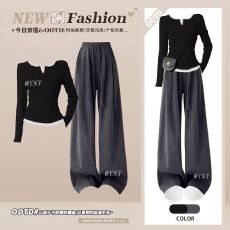 批发2025新款慵懒风通勤穿搭修身显瘦假两件T恤上衣高腰遮肉休闲裤秋