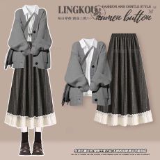 批发<b class='q'>大码</b>秋季法式套装女减龄温柔风针织开衫打底衣搭气质半身裙三件套