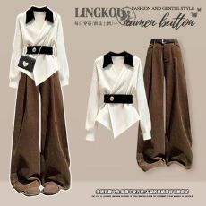 批发<b class='q'>大码</b>秋冬休闲套装女轻奢法式小众针织毛衣搭配美拉德阔腿裤两件套