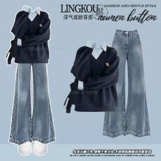 批发大码秋季高级感套装女小众不撞款假两件针织上衣<b class='q'>显瘦</b><b class='q'>牛仔裤</b>两件套