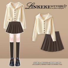 批发2025早秋高级感慵懒风温柔气质毛衣搭配学院风黑色百褶短裙两件套