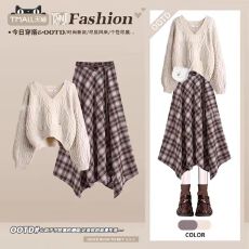 批发温柔港风复古破洞针织毛衣格纹不规则半身裙套装女秋<b class='q'>冬</b>两件套减龄