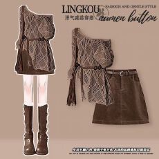 批发大码秋季废土风套装女减龄显瘦露肩<b class='q'>罩衫</b>搭复古美式牛仔短裙两件套