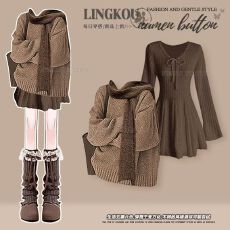 批发大码秋冬韩系套装女减龄氛围感针织毛衣搭<b class='q'>可爱</b>风修身<b class='q'>连衣裙</b>两件套