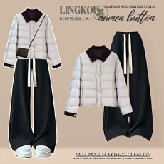 批发<b class='q'>大码</b>冬季休闲套装女保暖棉服外套打底衫搭配高腰显瘦阔腿裤两件套