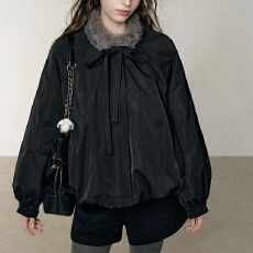 批发小个子蝴蝶结毛领黑色棉服女冬季夹棉加厚保暖设计感小众显瘦外套