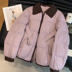 批发2025冬装新款韩系气质拼接撞色翻领设计感女装短款休闲风棉服外套