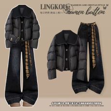 批发<b class='q'>大码</b>冬季休闲套装女加厚保暖棉服外套高级感显瘦工装牛仔裤两件套