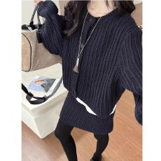 批发冬季法式复古麻花粗针圆领毛宽松时尚针织衫半身裙套装百搭连帽