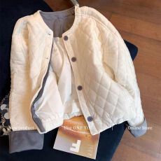 批发<b class='q'>大码</b>白色菱格拼接撞色圆领单排扣棉服女冬季高级感宽松韩系外套潮